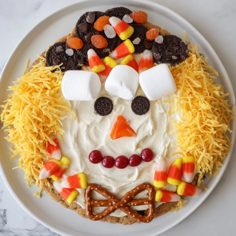 A festive Scarecrow Candy Platter with pretzel bow tie and a smiling licorice mouth.
