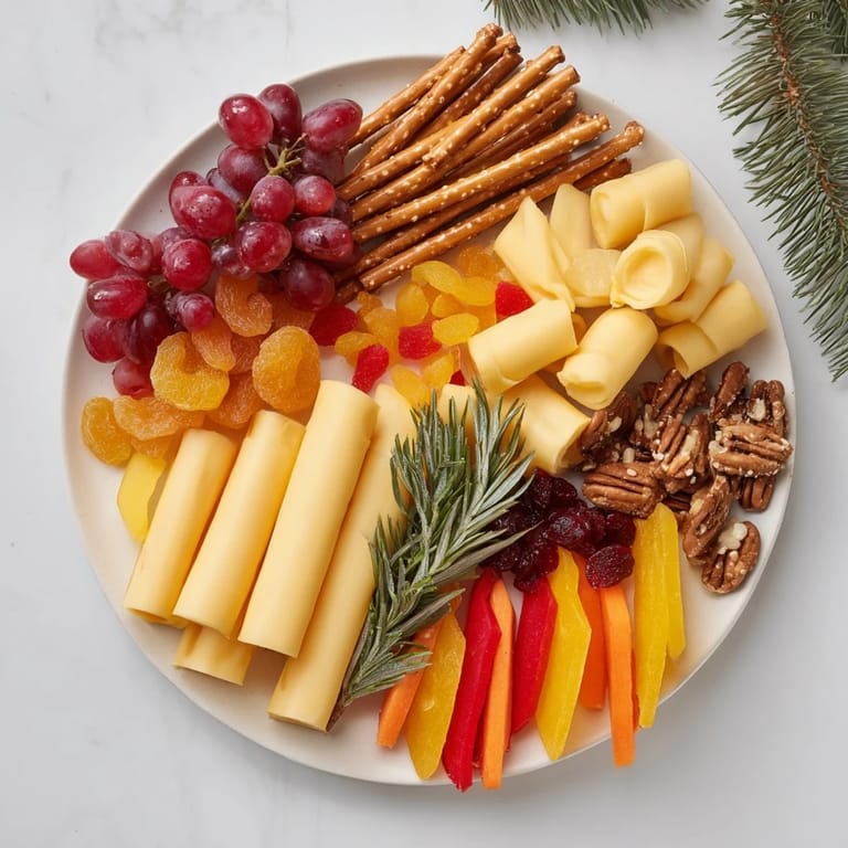 This inviting, edible Flickering Fire Log Snack Board features cheeses, grapes, and sweet-and-savory elements.