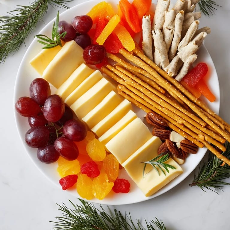 Imagine a festive Flickering Fire Log Snack Board: perfect for sharing, with pretzels, fruit, and rosemary sprigs.