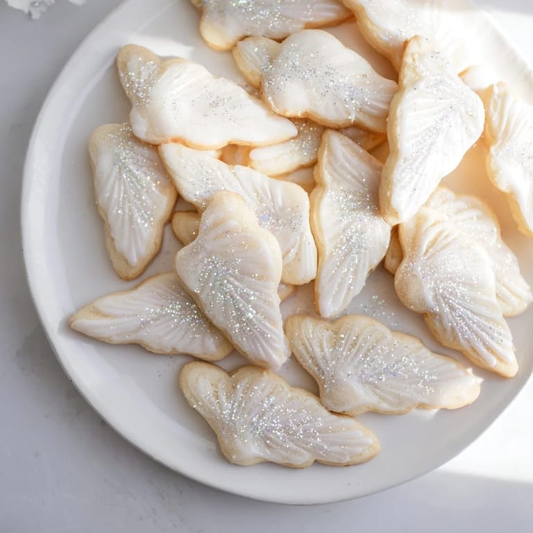 Close-up of baked Angel Wings sugar cookies, showing light, buttery texture and festive presentation.