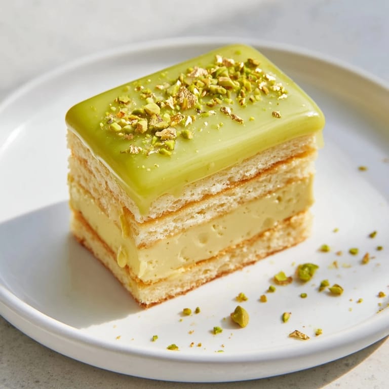 These dainty Grenouille Royale Petits Fours are drizzled with a citrus glaze and topped with chopped pistachios.