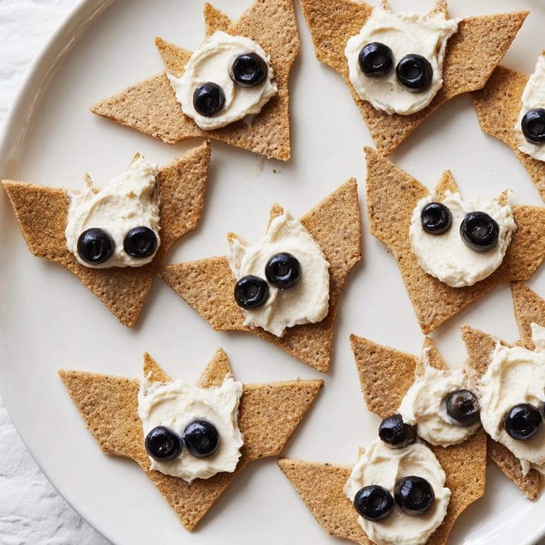 Delicious Flying Bat Halloween Snack Board with bat-shaped crackers and candy eyes, ready to serve.