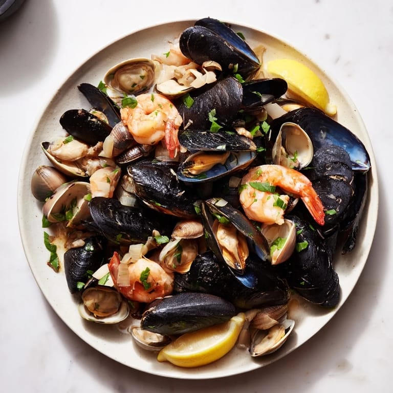Delightful shellfish and seafood medley, served with lemon wedges; perfect for a pescatarian feast.
