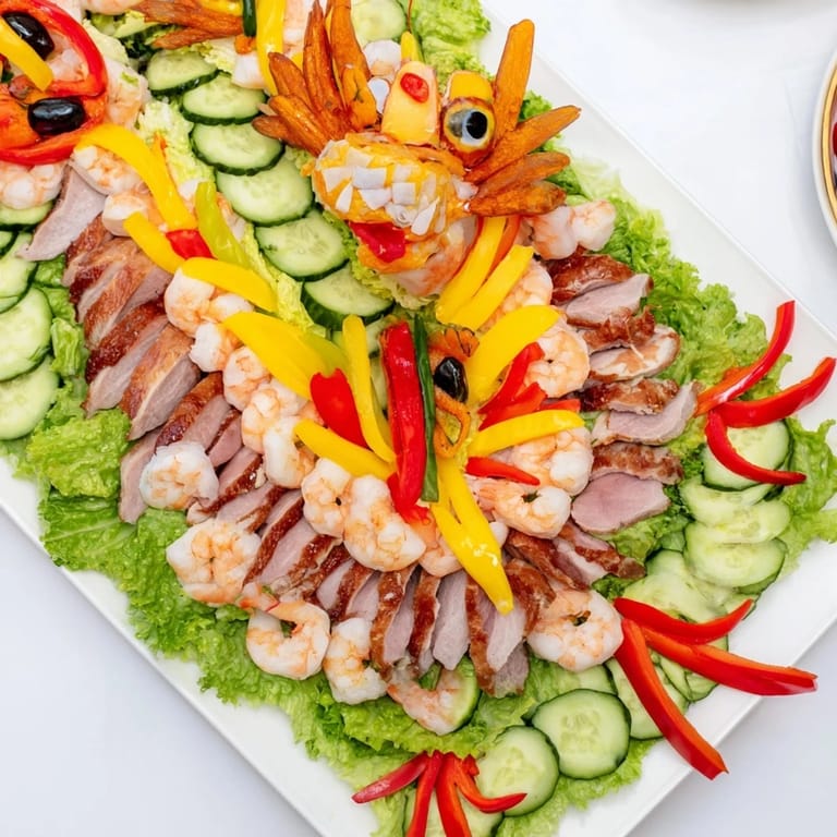 This festive Dragon Platter for Lunar New Year features char siu and potstickers, artfully arranged on a platter.