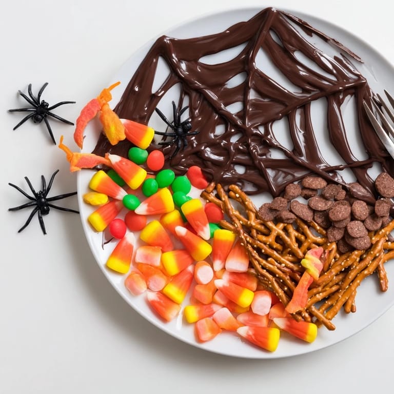 Delicious Halloween Spiderweb Candy Platter, complete with gummy worms and chocolate spiderweb design.