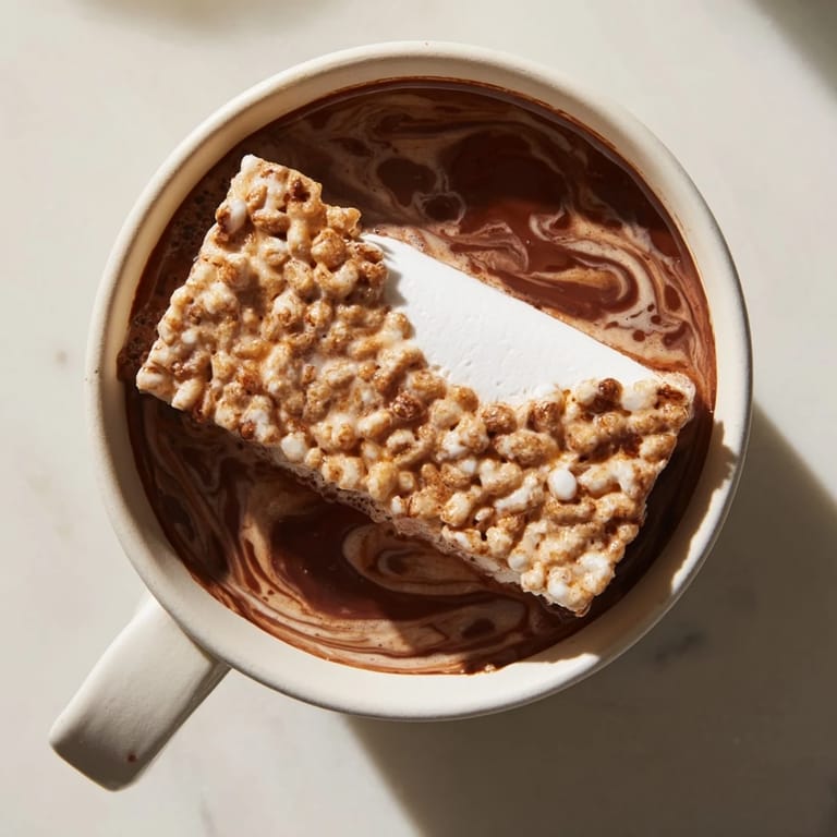 Rich hot chocolate topped with a sweet, pillowy marshmallow bar; ready to warm any soul.