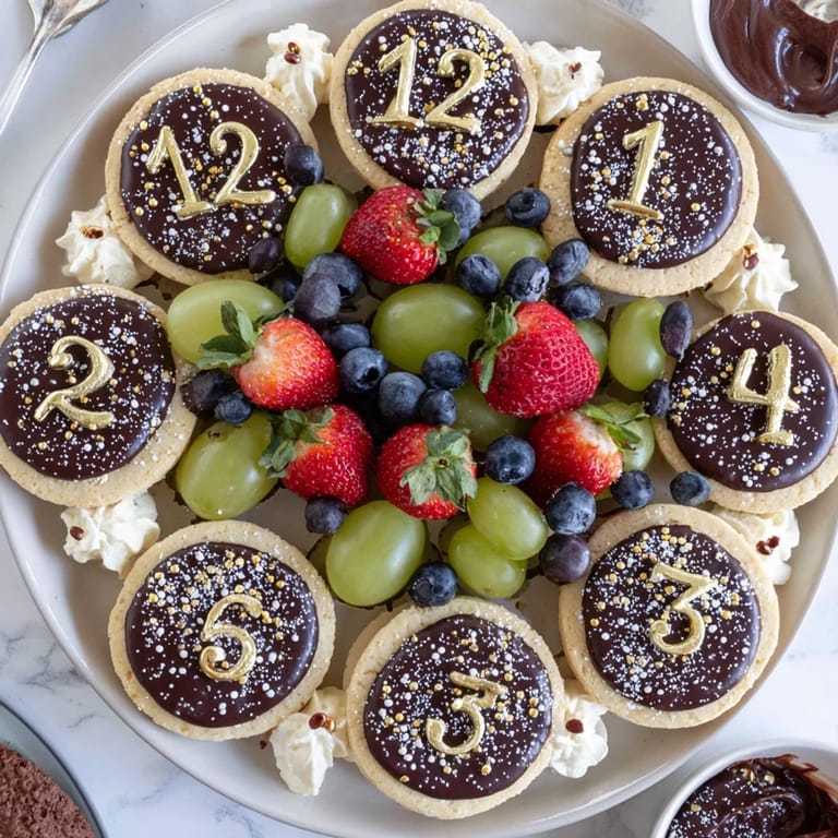 Delicious Sparkling Clock Countdown Platter: a festive New Year's Eve dessert with sparkling toppings.