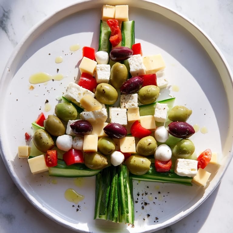 Savory Cheese & Olives: Pine Tree with colorful olives and cheeses, perfect for a Mediterranean holiday snack.
