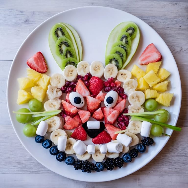 Delicious Bunny Face Fruit Salad Platter: a healthy, festive, easy-to-make fruit salad with sweet berries and kiwi.