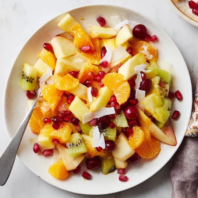 Festive Snowflake Fruit Medley, a sweet winter salad featuring pomegranate and coconut, ready to serve!