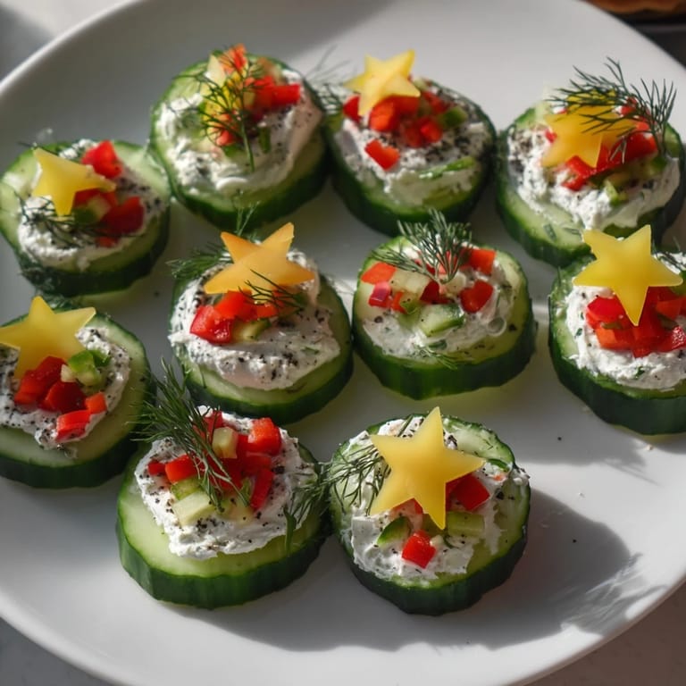 A platter of refreshing Holiday Star Cucumber Bites, showcasing creamy cheese and colorful vegetable toppings.