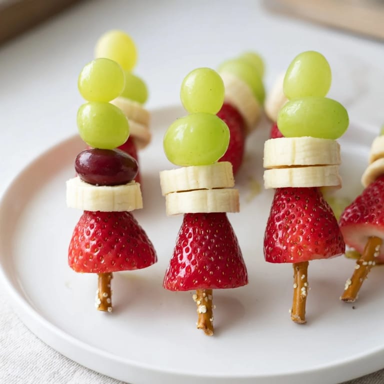 Up-close photo of Elf Hat Strawberry Skewers, a quick and fun fruit snack for kids.
