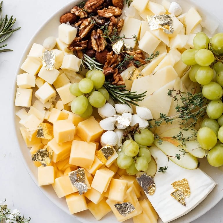 Mouthwatering Gold and Silver Cheese Cube Board featuring Gouda, Manchego, and fresh, colorful accompaniments.