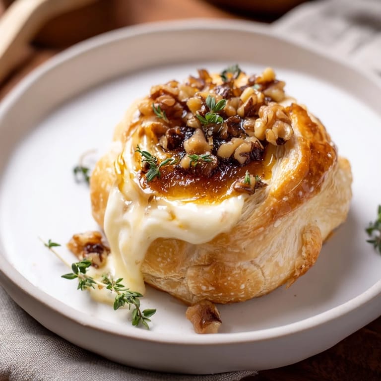 Warm, gooey Baked Brie with fig jam, bursting from a flaky, golden pastry shell.