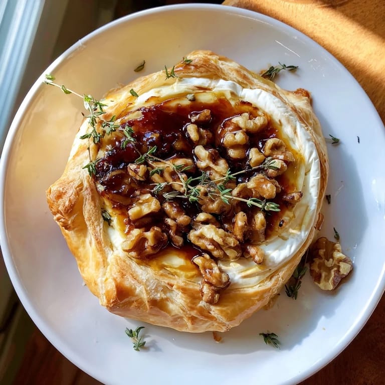 Delicious Baked Brie with fig jam, ready to be scooped with crusty baguette slices.