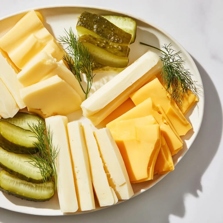 A close-up of delicious Dill Pickles and Sliced Cheese, perfect for a quick American snack or party.