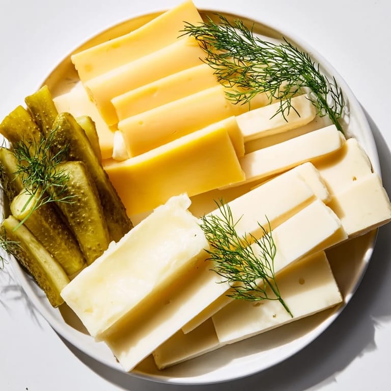 Fresh dill sprigs accent the Dill Pickles and Sliced Cheese, an easy, gluten-free vegetarian appetizer.