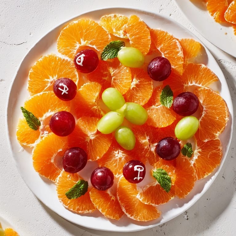 Bright orange segments and sweet grapes arranged as a fun, edible clock face for a healthy snack or brunch.