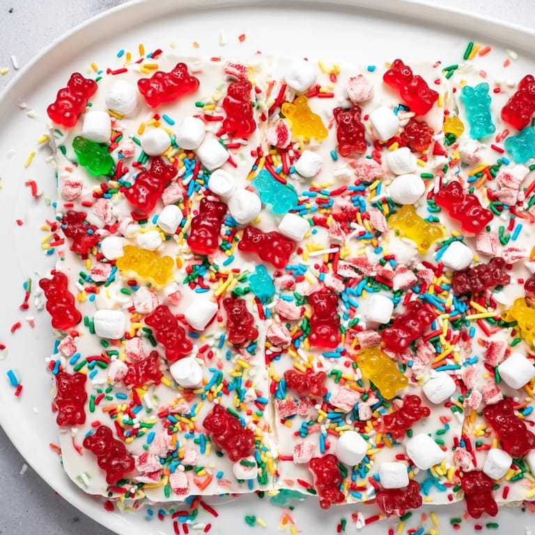 Vibrantly colorful candy canes and chewy gummy bears atop a layer of delicious white chocolate.