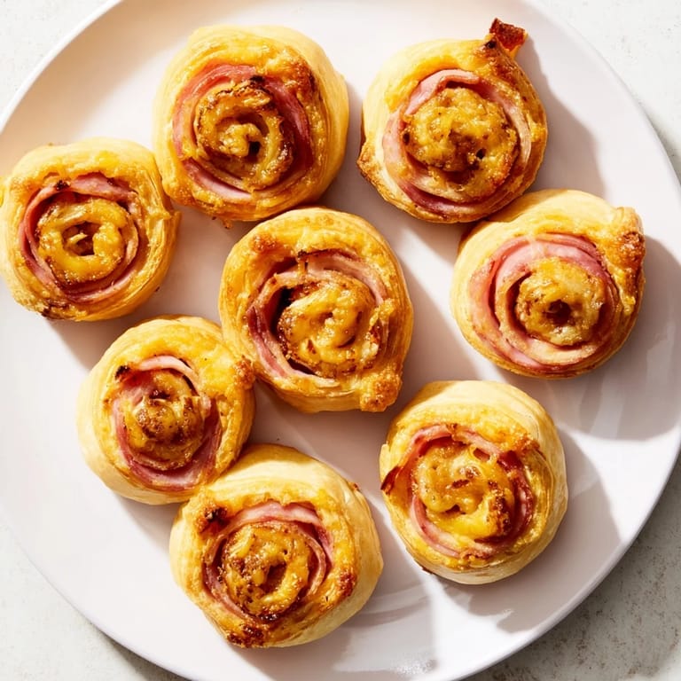 Mouthwatering close-up of Ham and Cheese Pinwheel Rolls, with melted cheese and perfectly browned pastry.