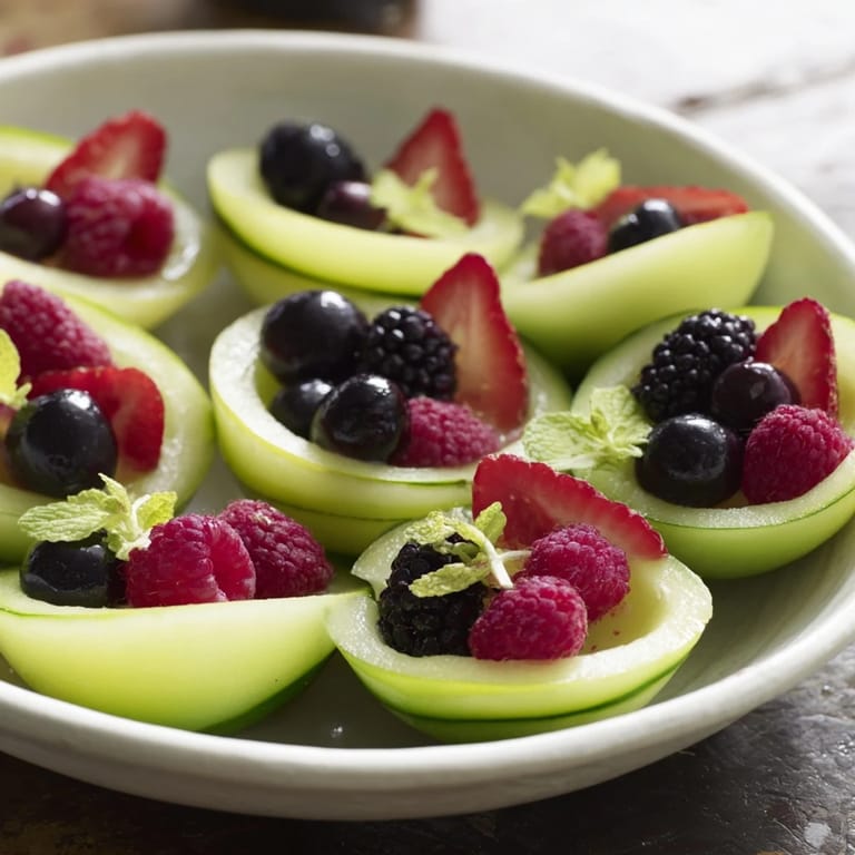 This fruit platter features a gorgeous layering of melon and berries, ideal for a light, healthy appetizer.