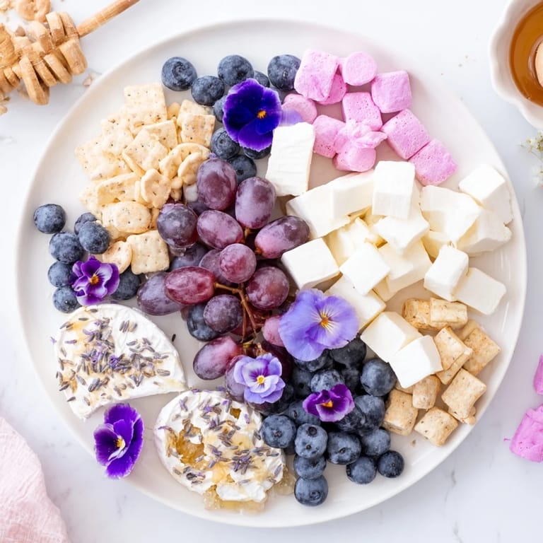 This Lavender Haze Dreamscape cheese board presents inviting, pastel-colored cheeses with fresh fruit and candy.