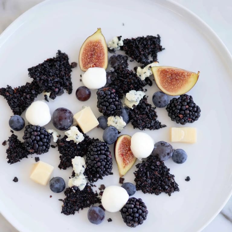This Deep Indigo Midnight Sky cheese board recipe offers a beautiful arrangement of dark fruits and cheeses.