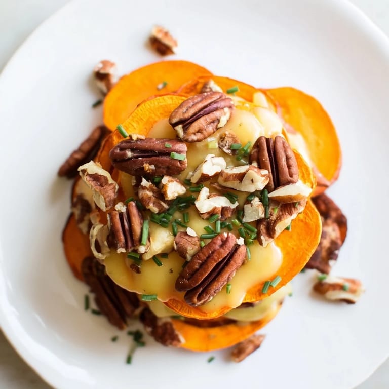 Warm Copper Penny Warmth with melted cheese and toasted pecans; a beautiful vegetarian appetizer.