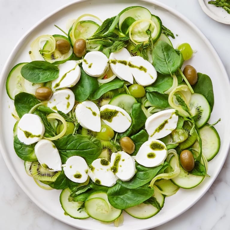 Gorgeous layered Emerald Isle Greenscape salad: spinach, kiwi, and grapes, ready to enjoy immediately.