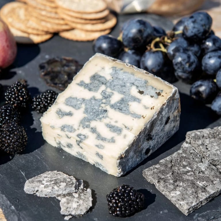 Visually stunning Monochrome Gray Stone Cheese Board, complete with sliced plums and blackberries arranged artfully.