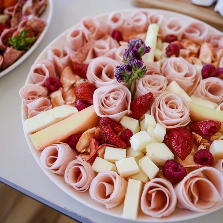 Beautifully arranged Pink Petal Watercolor Wash, complete with prosciutto roses and fresh ruby red berries.