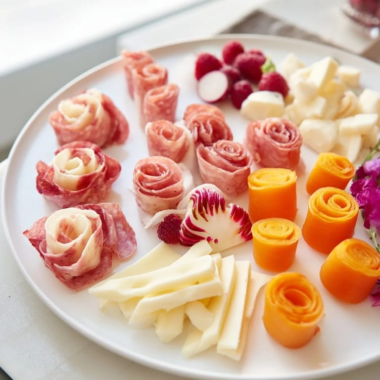 This delightful Pink Petal Watercolor Wash appetizer platter offers a light, colorful, and delicious experience.