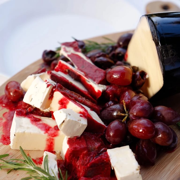 Delicious Ruby Red Wine Stain Board, a visually gorgeous appetizer with a dramatic wine bottle centerpiece.