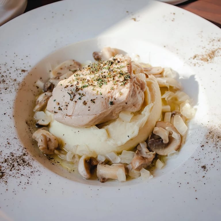 A close-up shows the plate of The Ghostly Gala, a white dish with shadows from black pepper garnish.