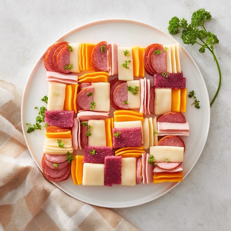 Enjoy a savory Patchwork Quilt: a festive, easy appetizer with sliced meats, cheeses, and mustard "threads."