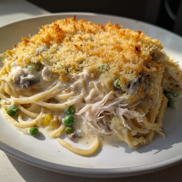 Imagine a warm bowl of Turkey Tetrazzini: pasta, chicken, and a bubbly, browned parmesan topping for a cozy meal.