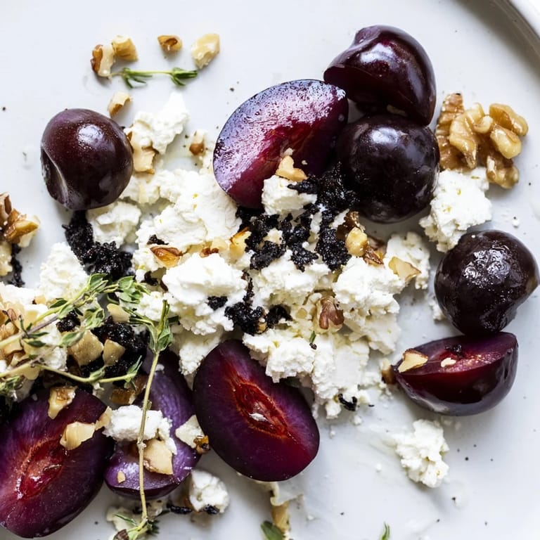 A visually appealing Midnight Orchard appetizer with a mixture of fruit, cheese, and garnishes.