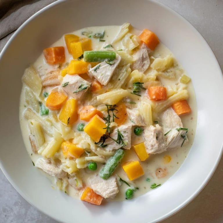 This Chicken Pot Pie Pasta Soup showcases a hearty, creamy broth brimming with ditalini pasta.