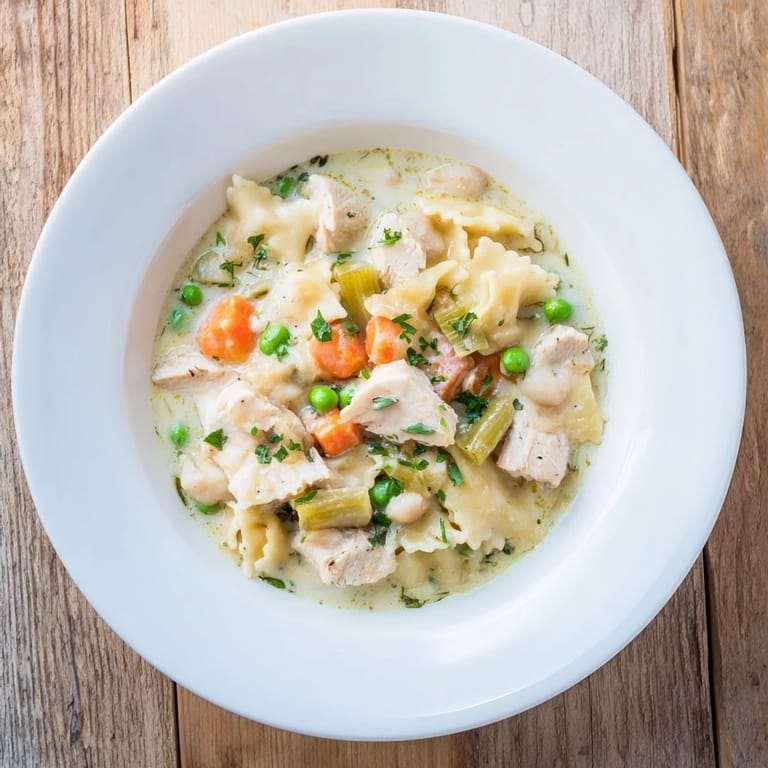 Enjoy a steaming bowl of Chicken Pot Pie Pasta Soup, featuring savory flavors served hot.