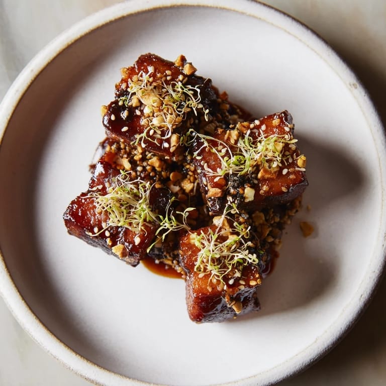 Close-up of crispy, caramelized air fryer turkey bites garnished with fresh chives, a flavorful appetizer.