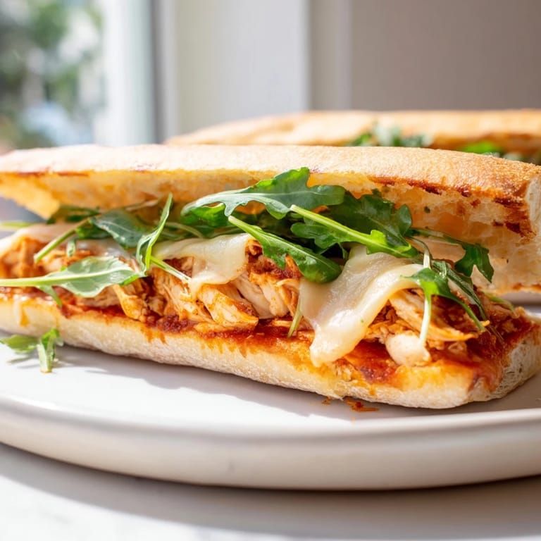 Grilled Leftover Pizza Chicken Sandwich cut open, revealing melted cheese and tender chicken layered in the crusty bread.