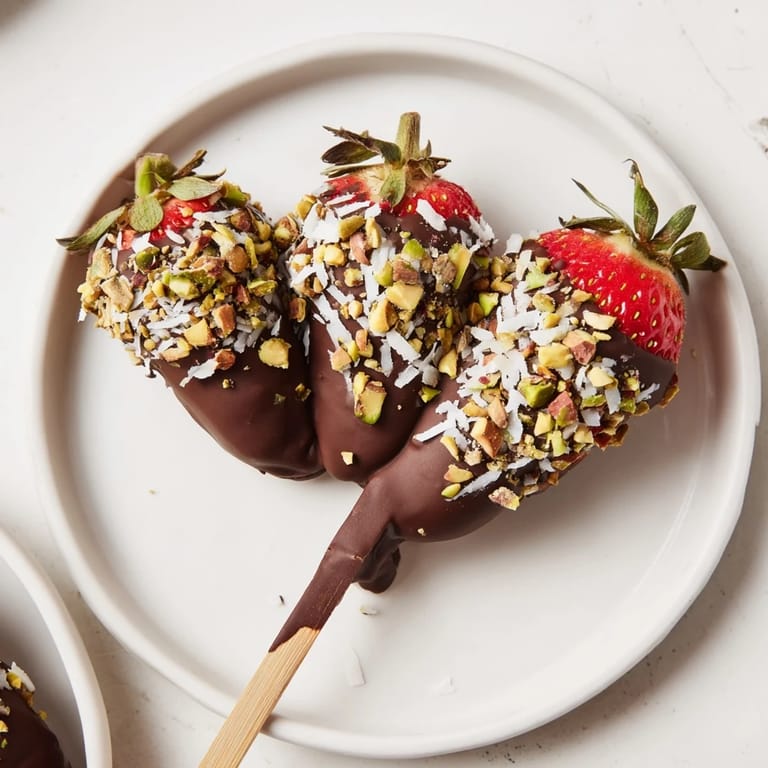 Beautifully arranged chocolate-dipped strawberry skewers: juicy strawberries coated in decadent chocolate, ready to eat.