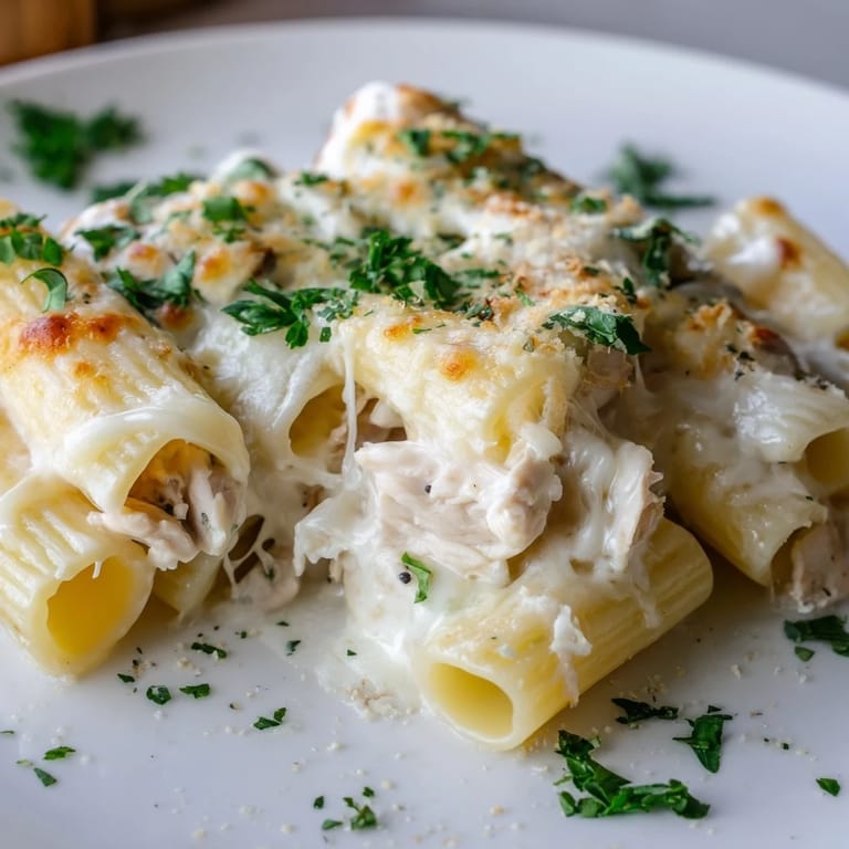 A delicious, steaming casserole of Chicken Alfredo Bake features creamy, cheesy pasta topped with melted cheese.