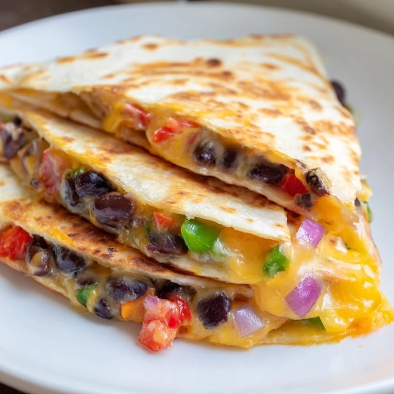 A close-up of a sizzling black bean quesadilla, filled with melted cheese and savory beans.