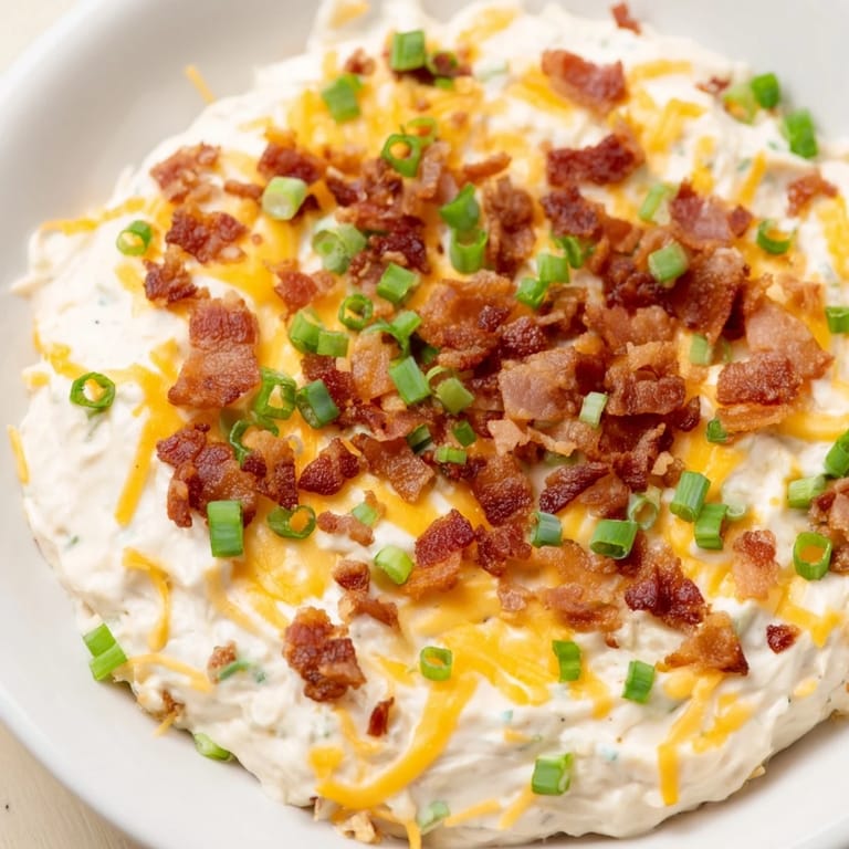 Warm, gooey Cheesy Bacon Ranch Dip fresh from the oven, served with a colorful assortment of chips.