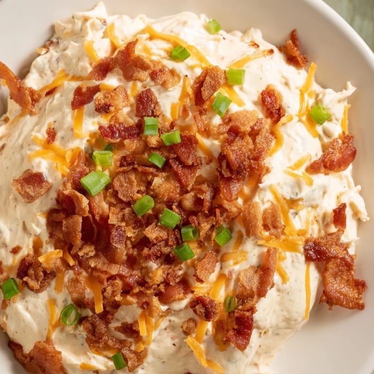 This Cheesy Bacon Ranch Dip features melted cheese and crumbles of bacon, a party favorite for dipping.