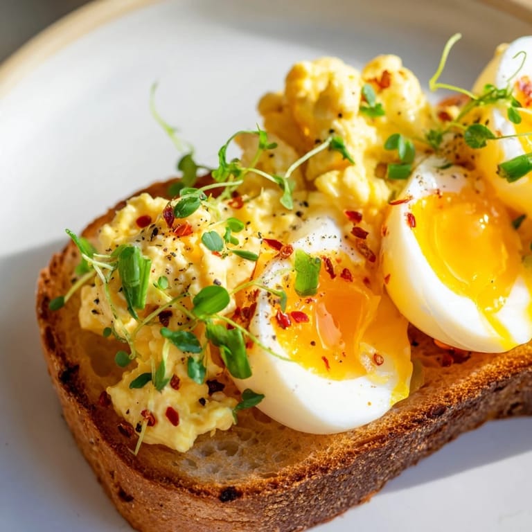 Close-up of Egg Flight Toast; perfectly fried egg sits atop toast, with a delicate soft center, ready to eat.