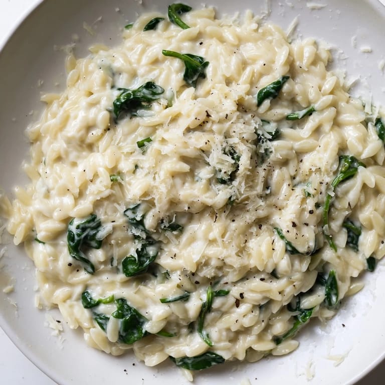 In this photo: a bowl of freshly prepared Creamy Spinach Orzo, ready for a satisfying Italian-inspired meal.