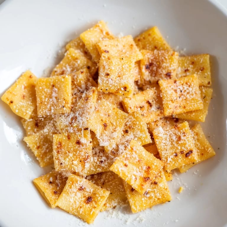 Air-fried pasta chips, a crunchy and flavorful treat, seasoned with Italian herbs, ready to enjoy.