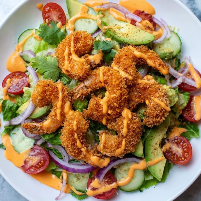 Close-up of a colorful Spicy Crispy Shrimp Salad, showcasing the juicy shrimp and zesty dressing.